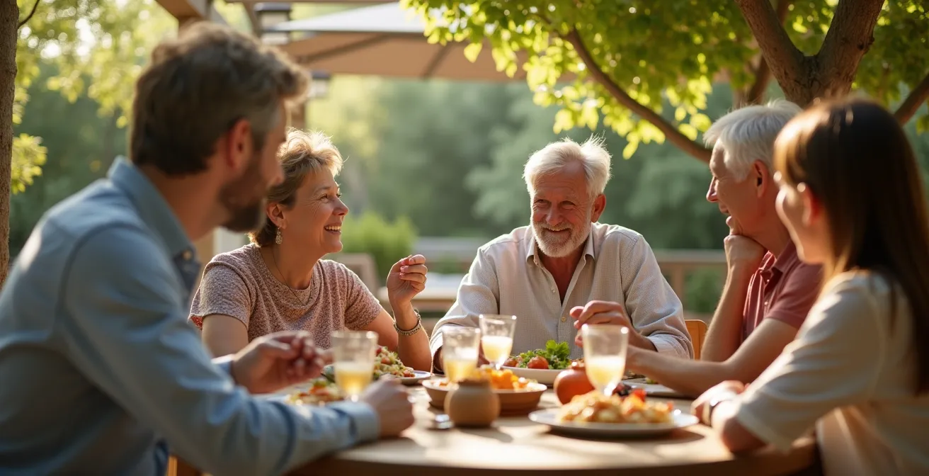 Famille profitant d'un déjeuner sur terrasse ombragée en été