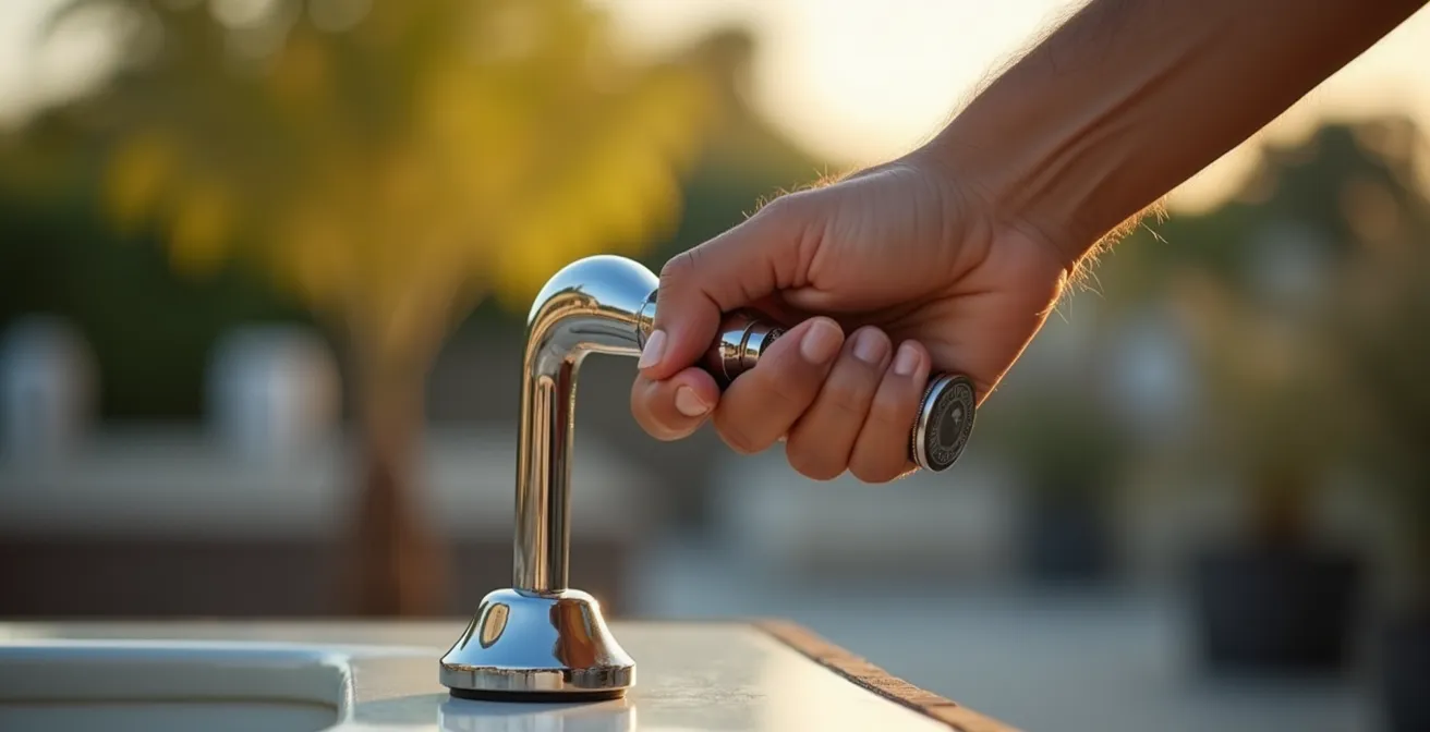 Main actionnant une manivelle de secours pour store banne