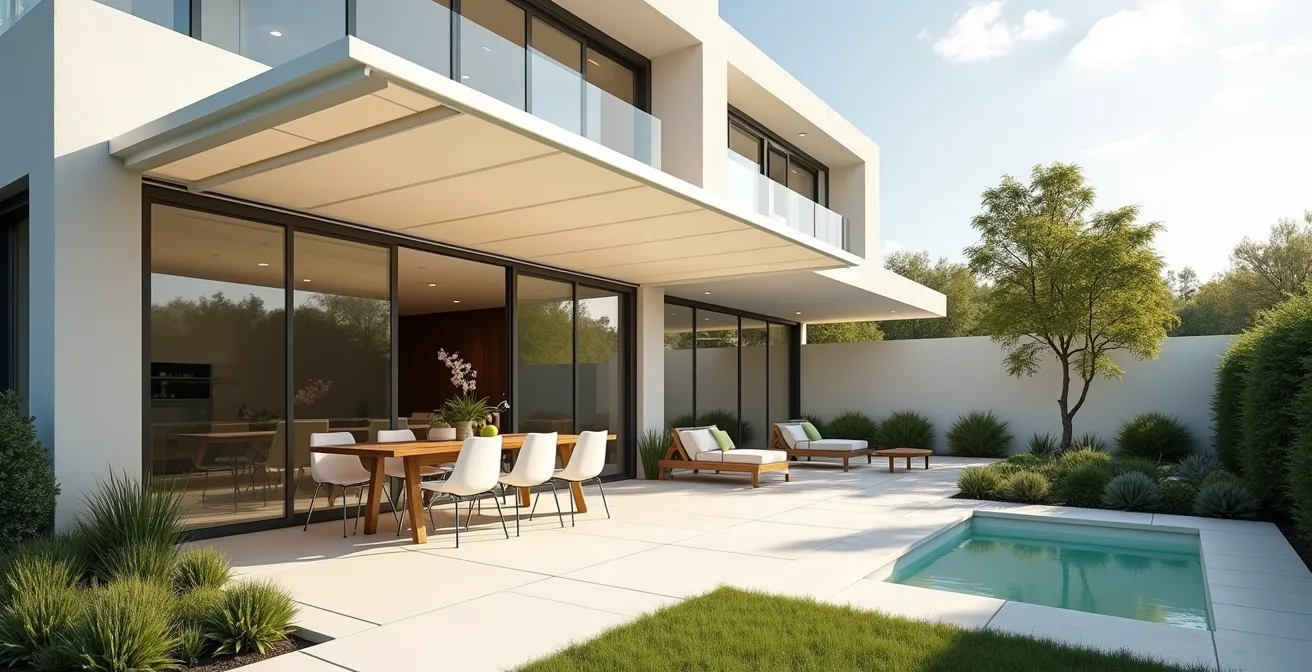 Vue large d'une terrasse équipée d'un store banne dans un cadre architectural moderne