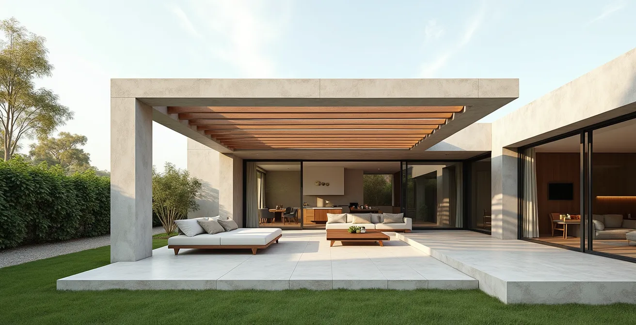 Vue aérienne d'une terrasse avec pergola bioclimatique intégrée à l'architecture