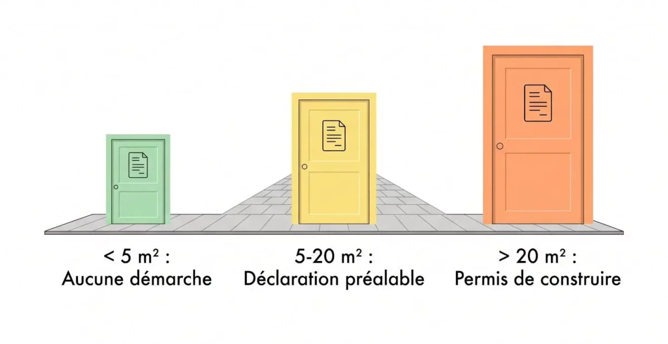 Infographie horizontale en flat design montrant 3 portes colorées de taille croissante représentant les seuils administratifs pour pergola : vert (< 5 m² aucune démarche), jaune (5-20 m² déclaration préalable), orange (> 20 m² permis de construire), avec annotations en français » itemprop= »url »><figcaption itemprop=