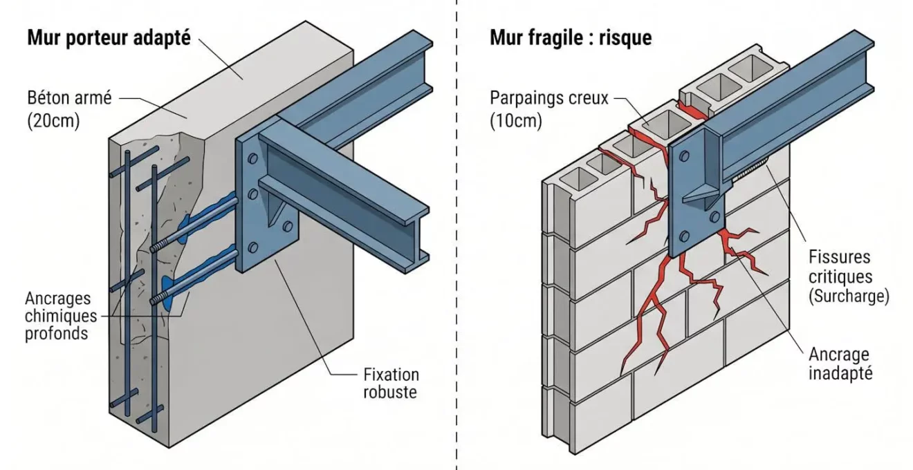 Schéma isométrique en coupe comparant un mur porteur adapté avec ancrages profonds (à gauche) et un mur fragile fissuré sous charge inadaptée (à droite), avec annotations techniques en français