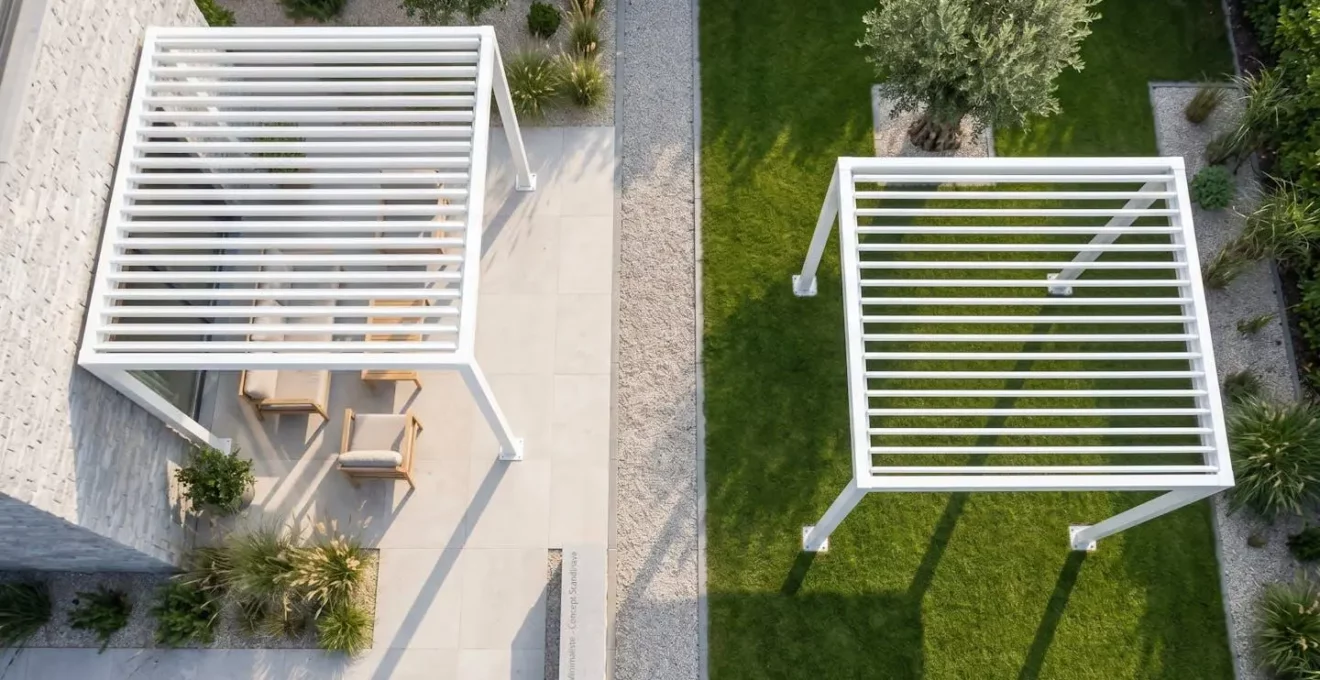 Vue aérienne comparative d'un jardin divisé en deux zones montrant à gauche une pergola adossée à un mur (2 poteaux) et à droite une pergola autoportante au centre d'une pelouse (4 poteaux), sous lumière naturelle matinale