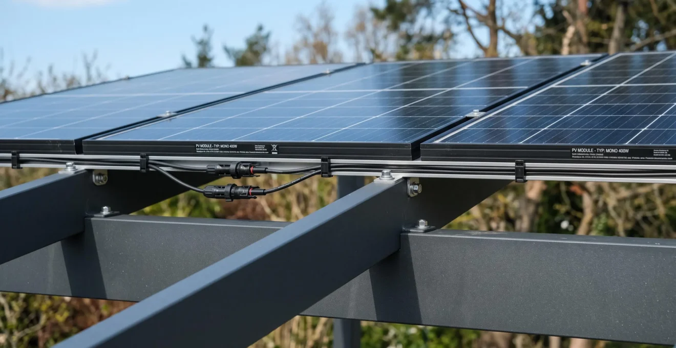 Gros plan sur panneaux photovoltaïques montés sur structure aluminium d'une pergola solaire, fixations et câbles de connexion visibles, installation professionnelle soignée