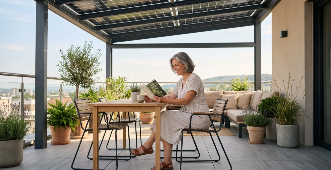 Personne assise à une table de jardin sous une pergola solaire installée, profitant de l'ombre et du confort de la terrasse aménagée, mobilier contemporain et plantes visibles