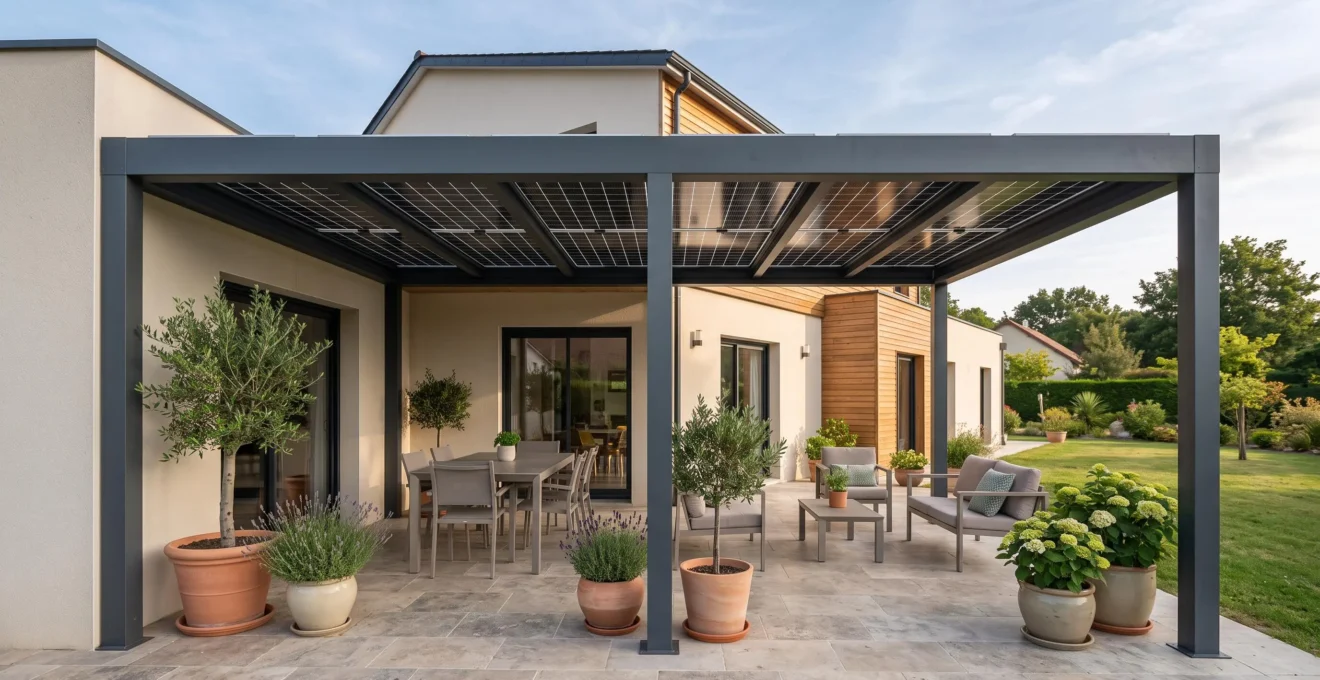 Terrasse résidentielle moderne équipée d'une pergola solaire en aluminium gris anthracite avec panneaux photovoltaïques intégrés, mobilier de jardin contemporain installé dans la zone ombragée, maison individuelle française en arrière-plan