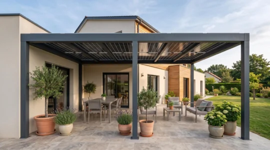 Terrasse résidentielle moderne équipée d'une pergola solaire en aluminium gris anthracite avec panneaux photovoltaïques intégrés, mobilier de jardin contemporain installé dans la zone ombragée, maison individuelle française en arrière-plan